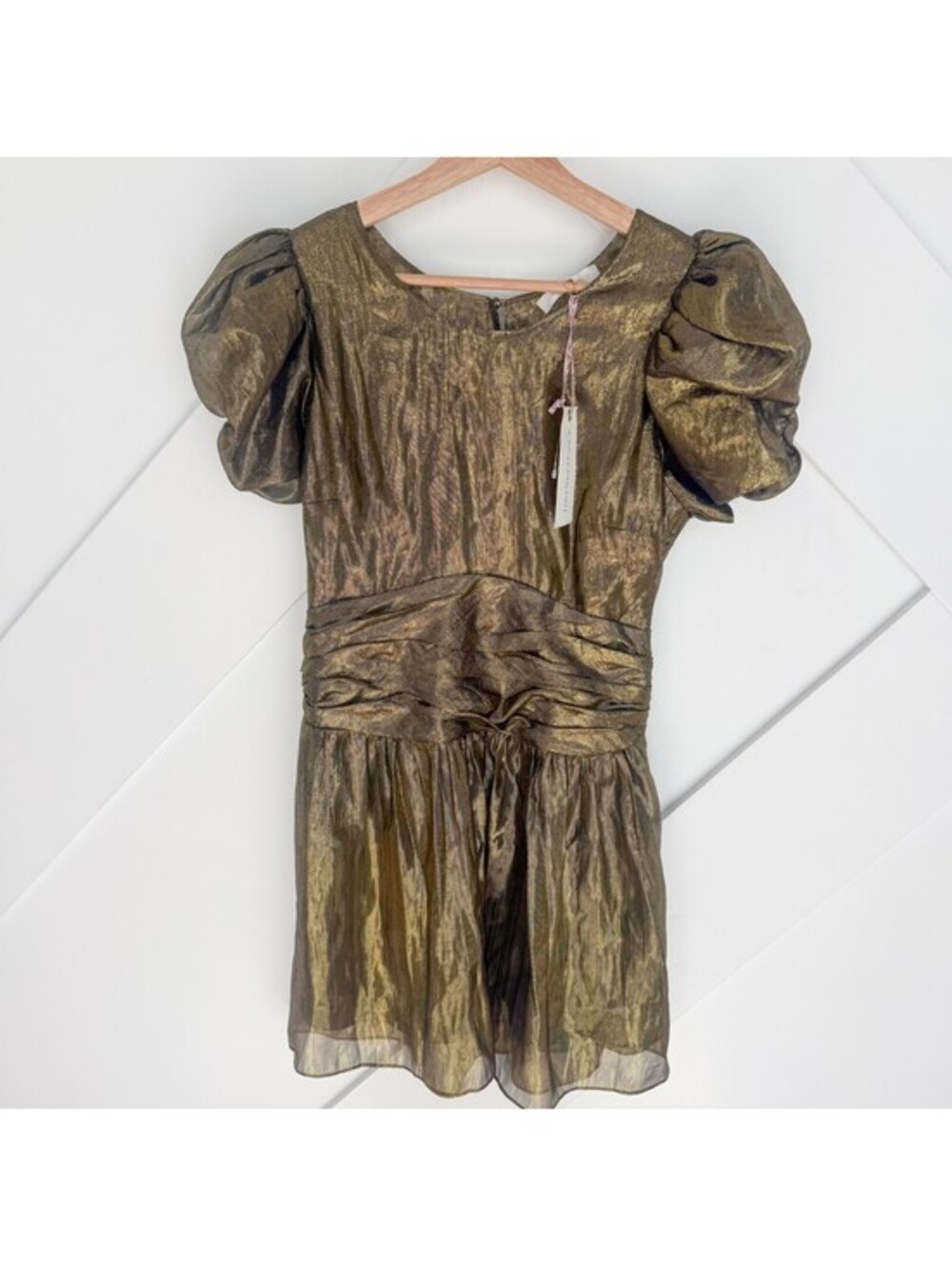 NWT LoveShackFancy Mercy Dress Gold Size 6 Metallic Silk Puff Sleeve Dress